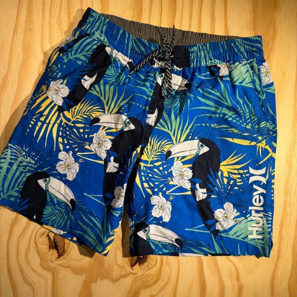 Hurley Mens Blue Toucan Floral Print Swim Trunks Board Shorts Large